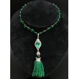 Emerald doublet and Diamond pendant and bead necklace, 55 grams. 53 cm long, pendant 10.5 cm long.