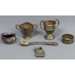 William IV kings pattern mustard spoon, London 1932, silver salt, napkin ring, trophies and a