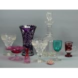 Victorian engraved pair of glasses, cranberry glass comport, along with other items of clear and