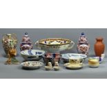 A pair of Japanese Arita Imari porcelain vases, Satsuma pottery cruet, blue and white items along