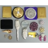 Compacts, brooches, silver pendant, owl handled magnifying glass and letter opener. UK Postage £15.