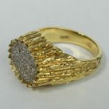 Vintage 18 carat bark finish, diamond set, signet ring. 12.7 grams. Size M, top 12.3 mm, band 4.1