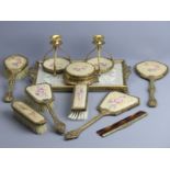 Two 1920's gilt metal and glass dressing table sets with embroidered panel decoration. Tray 35 cm