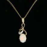 9 carat gold opal diamond pendant and chain, 2.3 grams. Chain 45 cm. Pendant 23 x 7.7 mm. UK Postage