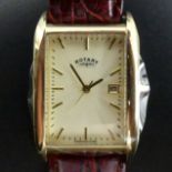 Rotary gold tone date adjust tank watch on a brown leather strap, as new. 28 mm x 40 mm. UK