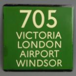 Old 705 Victoria, London Airport, Windsor enamel bus sign. 13 cm square. UK Postage £12.