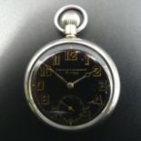 Black face military Carley & Clemence open face nickel cased pocket watch. 50 mm dial. UK Postage £