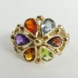 9 carat gold multi-coloured gem set dress ring, Birmingham 1997, 4.6 grams. Size P, top 16 mm. UK