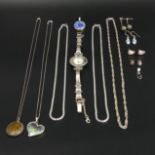 Sterling silver ornate watch, chains, pendants and earrings, including a Blue John set pair. 71
