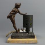 Art Deco bronzed spelter figural lamp, signed Bouret on a marble base. 19 cm. UK Postage £15.