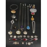 Interesting collection of mostly silver jewellery, including a silver curb link gate bracelet. UK