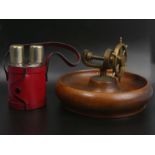 1930's brass and mahogany ships wheel design nut-cracker and a spirit flask. Bowl 20 cm diameter. UK