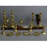 Victorian brass candlesticks, horse brasses, heavy horse harness bells and a plume. UK Postage £16.