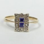 Art Deco diamond and blue stone ring, 1.4 grams. Size M, 9.1 mm wide. UK Postage £12.