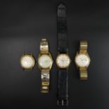 Four vintage gold tone gents watches, including Osis and Zeih, Largest dial 34 mm. UK Postage £12.