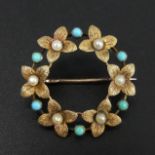 Edwardian 15 carat gold seed pearl and turquoise floral design brooch, 2.8 grams. 22 mm diameter. UK
