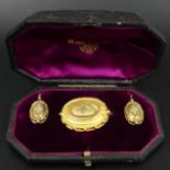 Victorian boxed gold and seed pearl brooch and drop earrings set, (tested as 18ct), 9.6 grams.