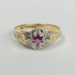 9 carat gold Ruby & Diamond ring, Birmingham 1981, 2 grams. Size K, top 7.2 mm. UK Postage £12.