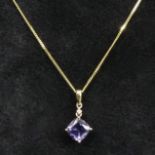 9 carat gold amethyst and diamond pendant and chain, 1.5 grams. Pendant 16.5 x 8 mm, chain 45 cm. UK