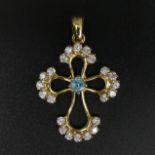 18 carat gold ornate stone set cross pendant, 4 grams. 35 x 22 mm. UK Postage £12.
