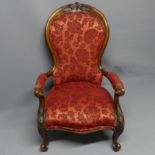 Victorian mahogany open armchair upholstered in a floral damask fabric. 96 cm high x 63 cm wide.