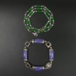 Chinese Sterling silver and purple jade bracelet and a silver and green jade necklace. Necklace 49