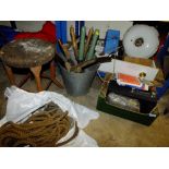 THREE LENGTHS OF ROPE, MIXED ELECTRICALS AND TOOLS, VINTAGE STOOL A/F