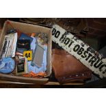 A BOX OF COLLECTABLES TO INCLUDE VINTAGE AA BADGES, AN ENAMEL 'DO NOT OBSTRUCT' SIGN, LEATHER BAG,
