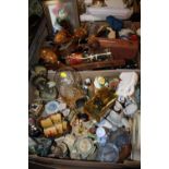 TWO TRAYS OF CERAMIC FIGURES AND COLLECTABLES TO INCLUDE WEDGWOOD JASPERWARE, MARACAS ETC