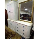 AN ANTIQUE PAINTED THREE DRAWER CHEST, TWO DOOR CUPBOARD AND TALLER CUPBOARD (3)