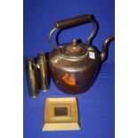 A PAIR OF TRENCH ART VASES TOGETHER WITH A COPPER KETTLE AND A BRASS ASH TRAY