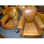 A PAIR OF VINTAGE CLUB STYLE LEATHER ?? ARMCHAIRS - NO SEAT CUSHIONS A/F (2)