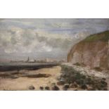 (XX). Stormy coastal scene with town in background, indistinctly signed lower left, oil on canvas,