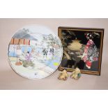 AN ORIENTAL STYLE FIGURATIVE BOWL TOGETHER WITH AN ORIENTAL PICTURE WITH TWO SMALL ORIENTAL CHILD