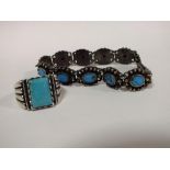 A SILVER AND TURQUOISE BRACELET AND DRESS RING, APPROX TOTAL WEIGHT 38.4G