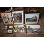 A COLLECTION OF PICTURES AND PRINTS TO INCLUDE NEEDLEWORKS, OIL ON BOARD, ETC