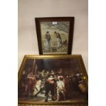 AN OAK FRAMED AND GLAZED CROSS STITCH NEEDLEWORK OF A HARVESTING SCENE TOGETHER WITH A GILT FRAMED