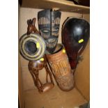 A BOX OF TREEN TO INCLUDE A CHINESE BAMBOO GLOVE BOX, VINTAGE LEATHER COVERED GOURD, CARVED