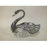 A CUT GLASS AND 925 SILVER SWAN SHAPED TRINKET BOX WITH HINGED WINGS