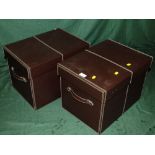 A PAIR OF MODERN LEATHER-STYLE STORAGE BOXES WITH HANDLES TOGETHER WITH A MODERN METAL TABLE