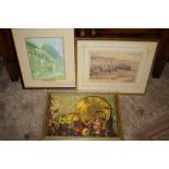 A GILT FRAMED OIL ON BOARD OF A TABLE TOPPED STILL LIFE STUDY TOGETHER WITH A WATERCOLOUR OF
