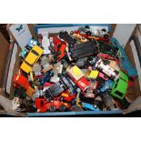 A BOX OF DIE CAST TOY CARS TO INCLUDE CORGI AND MAJORETTE EXAMPLES