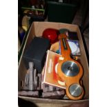 A BOX OF COLLECTABLES TO INCLUDE AN OIL LAMP, WATER FEATURE ETC