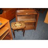 A SMALL OAK OPEN BOOKCASE W-70 CM AND A MUSIC TABLE (2)