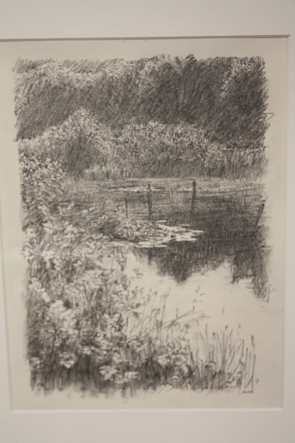 A FRAMED AND GLAZED PENCIL SKETCH OF A LAKESIDE VIEW, BY DAVID QUIRKE, SIZE 18CM X 24CM