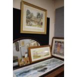 A LARGE GILT FRAMED AND GLAZED PRINT SIGNED E R STURGEON ENTITLED BY THE WYE BAKEWELL, TWO LARGE