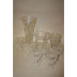 A SET OF SIX STUART CRYSTAL DRINKING GLASSES AND JUG TOGETHER WITH A WEBB AND CORBETT CRYSTAL VASE