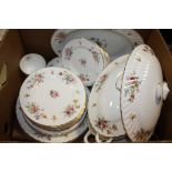 A BOX OF MINTON MARLOW CHINA DINNERWARE TO INCLUDE TUREENS, DINING PLATES ETC