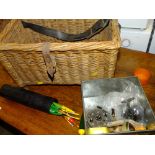 A WICKER BASKET PLUS CONTENTS TO INCLUDE FISHING REELS ETC