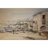 A FRAMED AND GLAZED WATERCOLOUR DEPICTING A CONTINENTAL HARBOUR SCENE INDISTINCTLY SIGNED LOWER LEFT